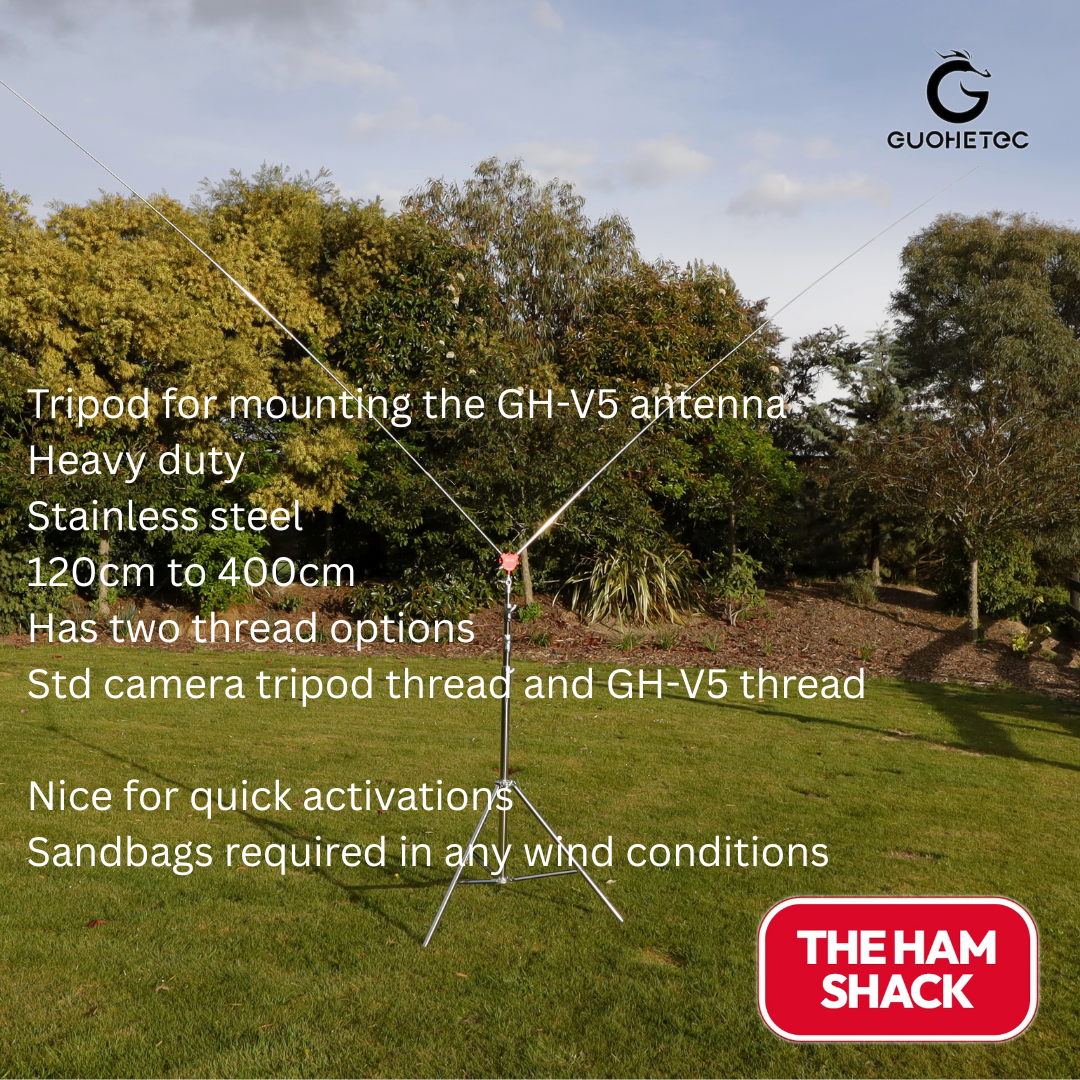 A view of the GH-V5 Antenna all fullt extended in a park setting with the tripod as well