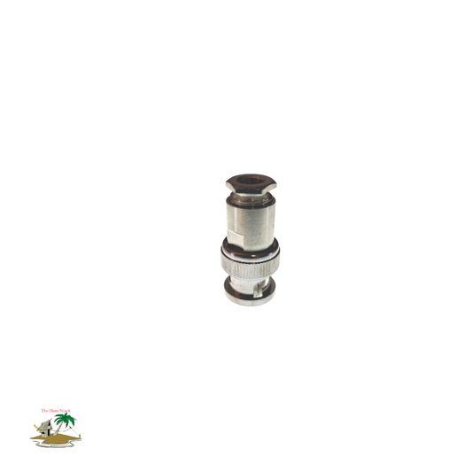 BNC Connector for RG58 Coax Cable Screw In Type  showing on a white background standing up with the screw in part connected 