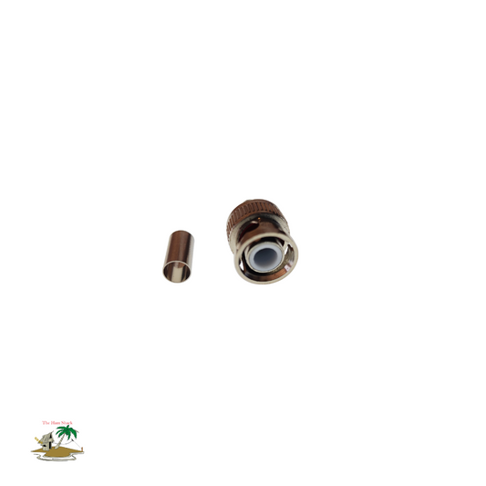 front view of a BNC Crimp on Connector esigned for use with RG58 Coaxial cable - shown on a white background
