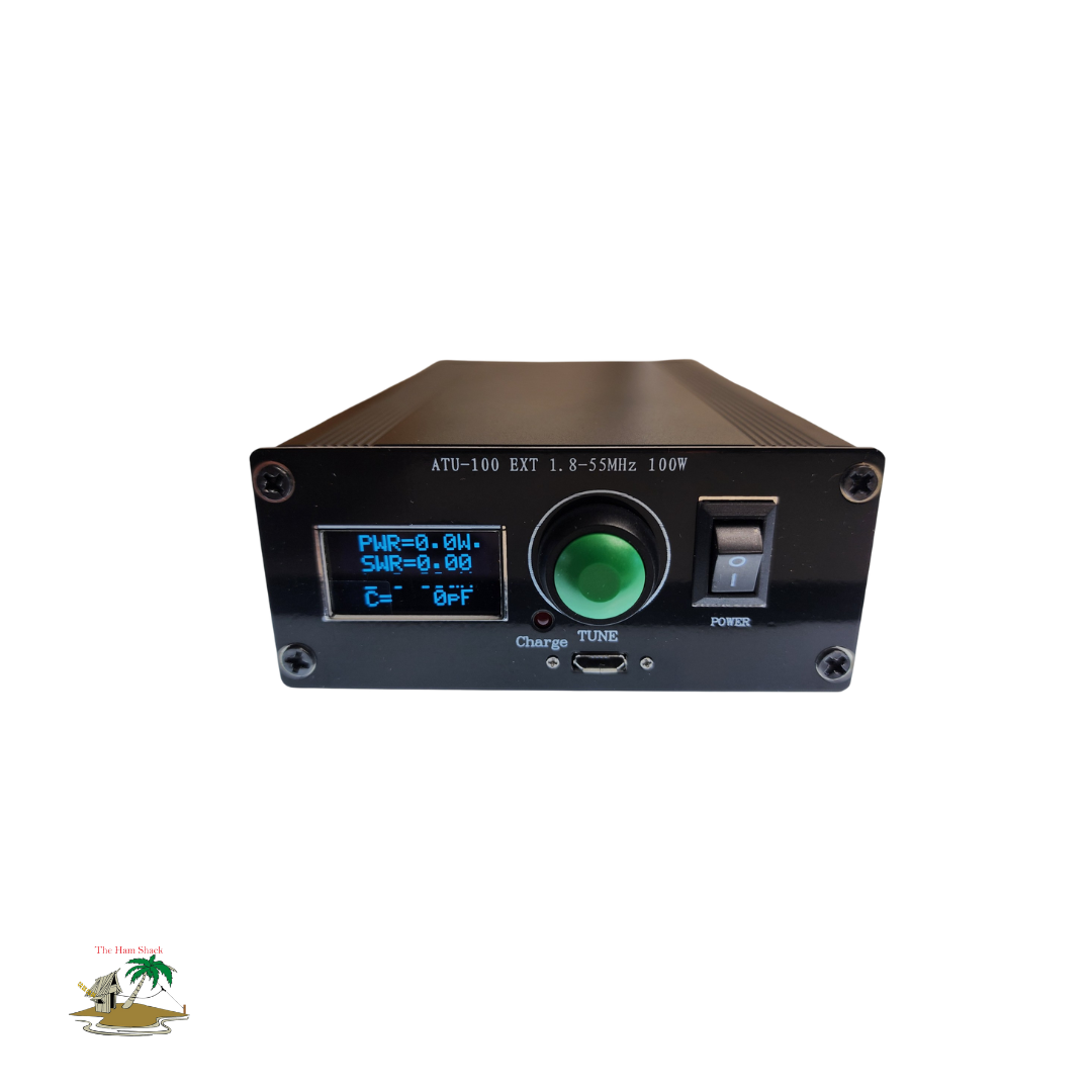 ATU-100 Antenna Tuner from the Ham Shack New Zealand - showing the front LED screen, tune button and the power switch 