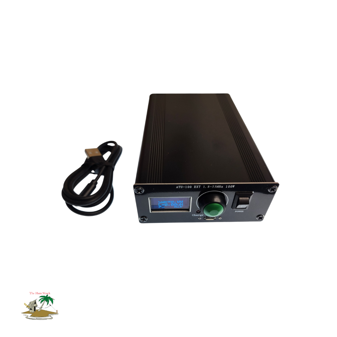 ATU-100 Antenna Tuner from the Ham Shack New Zealand  birds eye view showing the HF Amateur Radio Tuner with the USB Charge Cable 