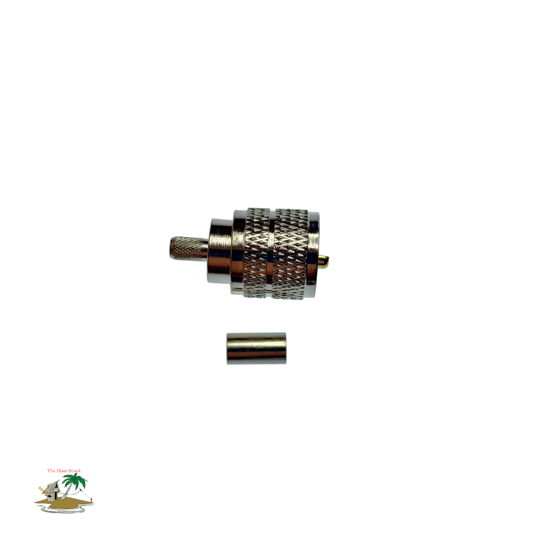 PL259 TYPE Male Crimp Plug for RG58 Coaxial Cable birds eye view close up 