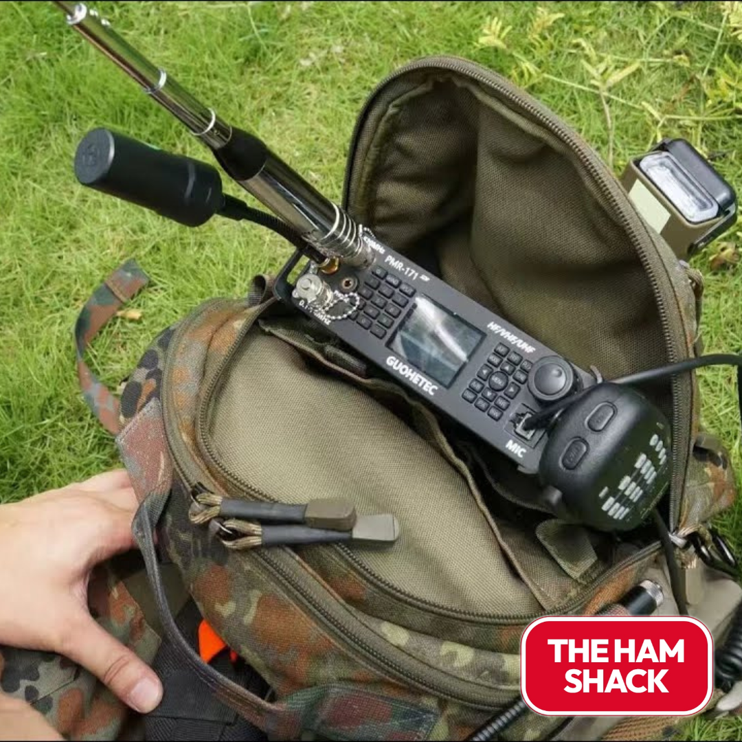 view of the Pmr171 Ultra-Portable Mobile Transceiver sold by the Ham Shack New Zealand  in a military style backpack with the mobile antenna installed 